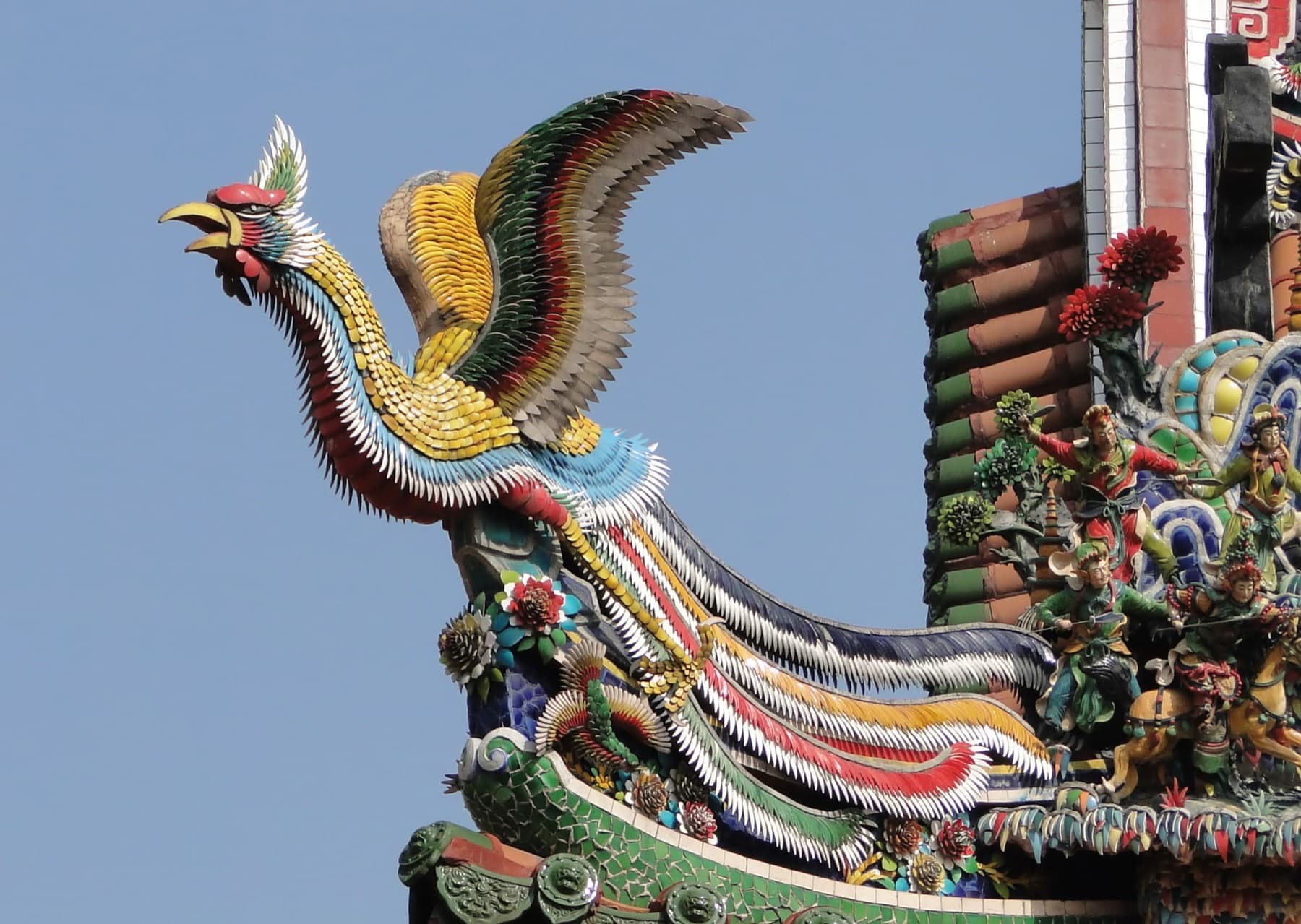 Porcelain phoenix on a temple roof ridge in Taiwan