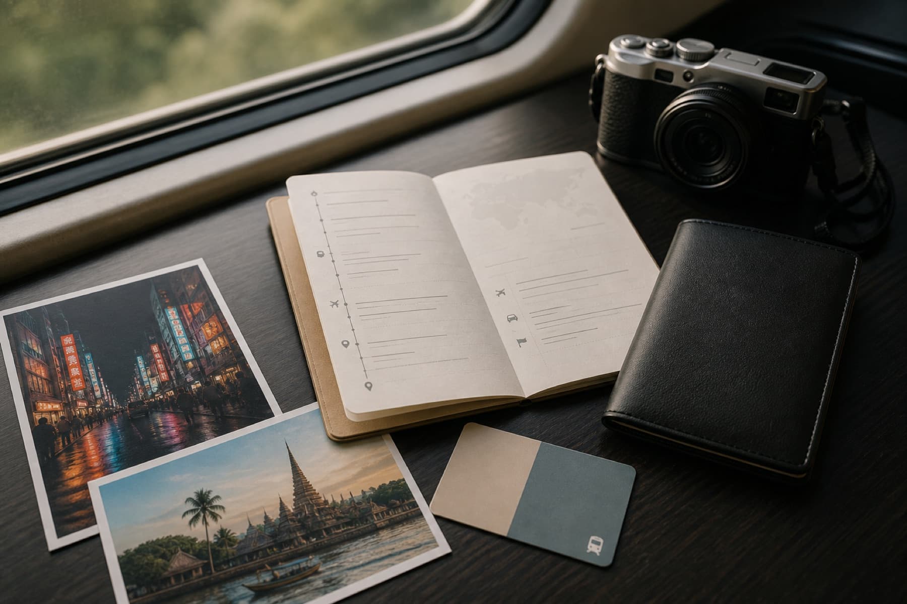 A two-destination Asia itinerary arranged with travel essentials and city postcards