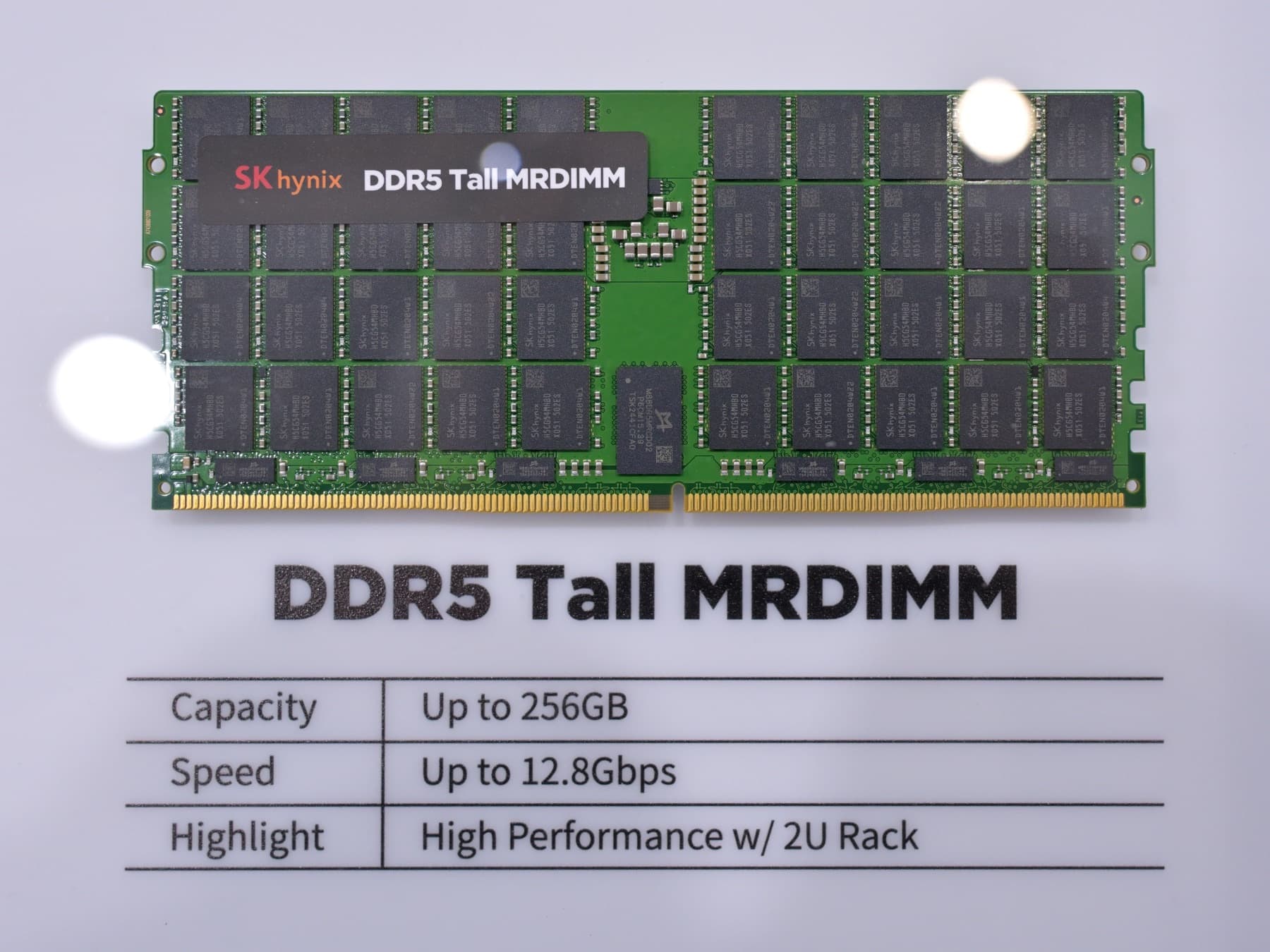 Close-up of an SK hynix high-density DDR5 Tall MRDIMM memory module with gold contacts