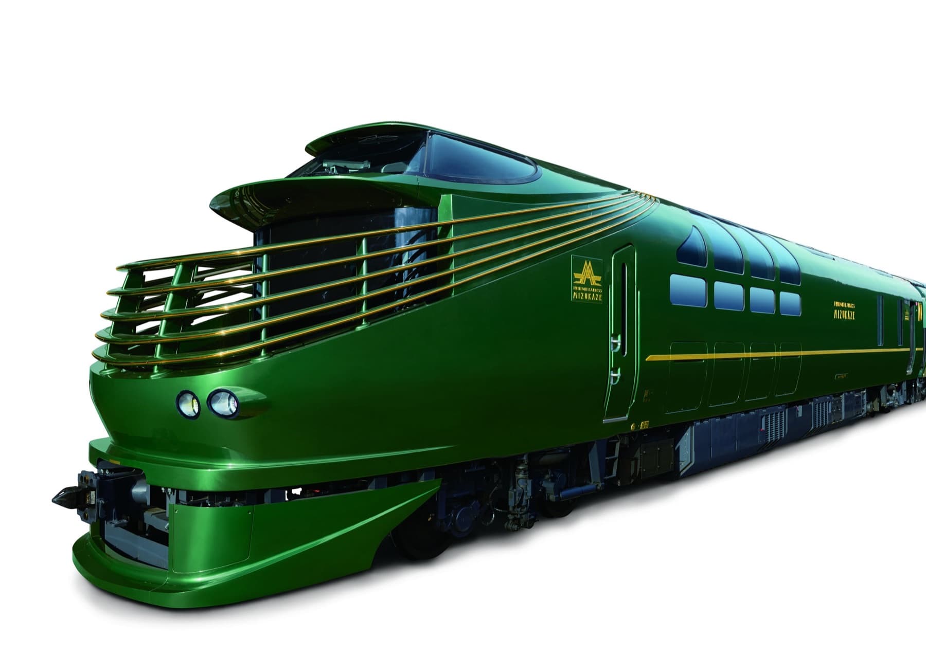 The dark green nose of JR West's Twilight Express Mizukaze cruise train against a white studio background