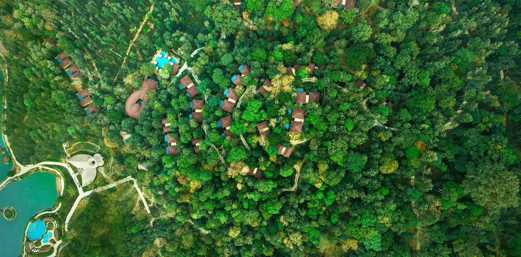 Aerial view of The Leela Coorg Forest Sanctuary among forest and coffee estate canopy near Madikeri — The Leela Puts a Forest Sanctuary Name on Coorg