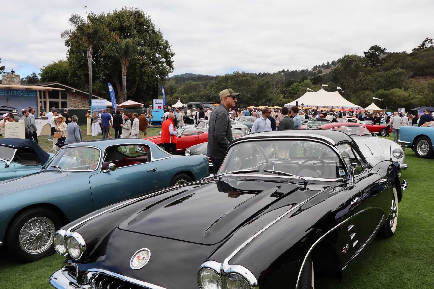 A black Corvette and a cream classic coupe on the lawn at The Quail during Monterey Car Week, with a Burgess yacht tent and Carmel Valley hills behind