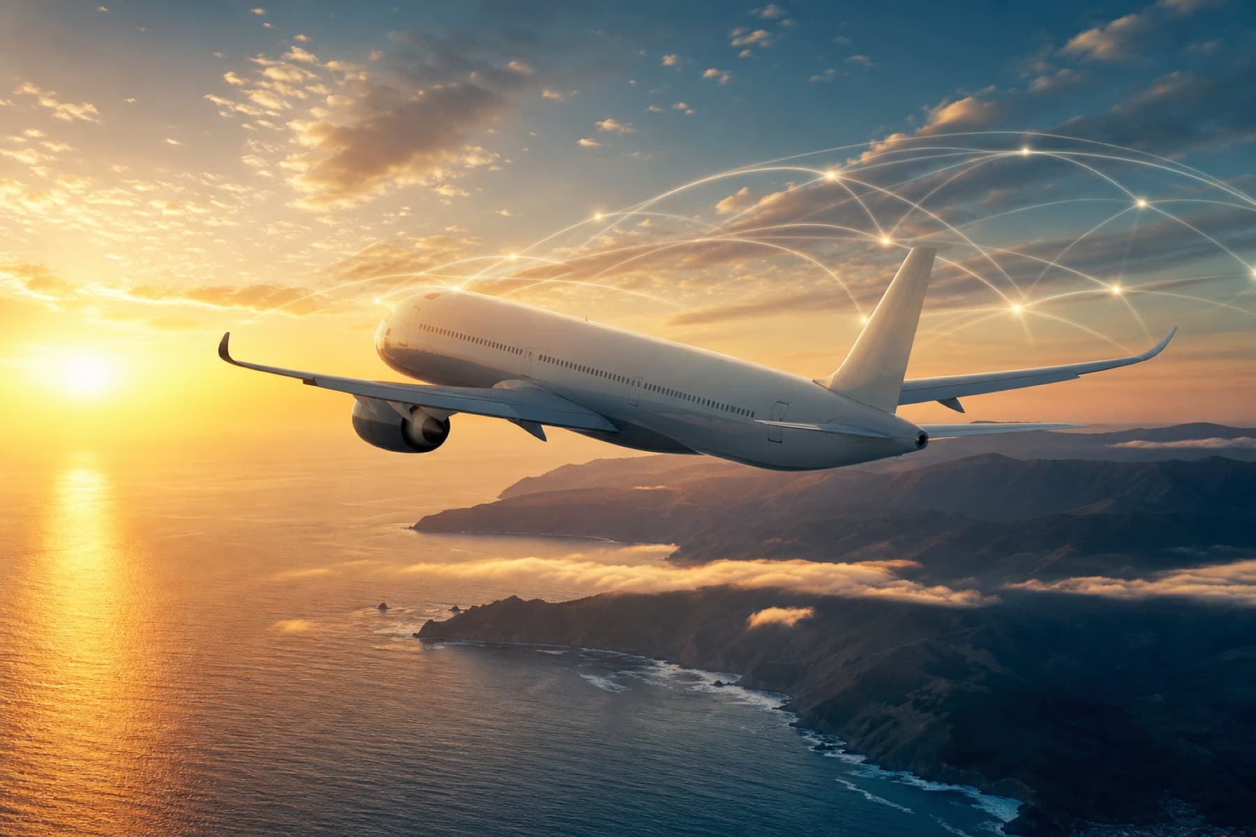 An unbranded long-haul aircraft departing over the Pacific coast