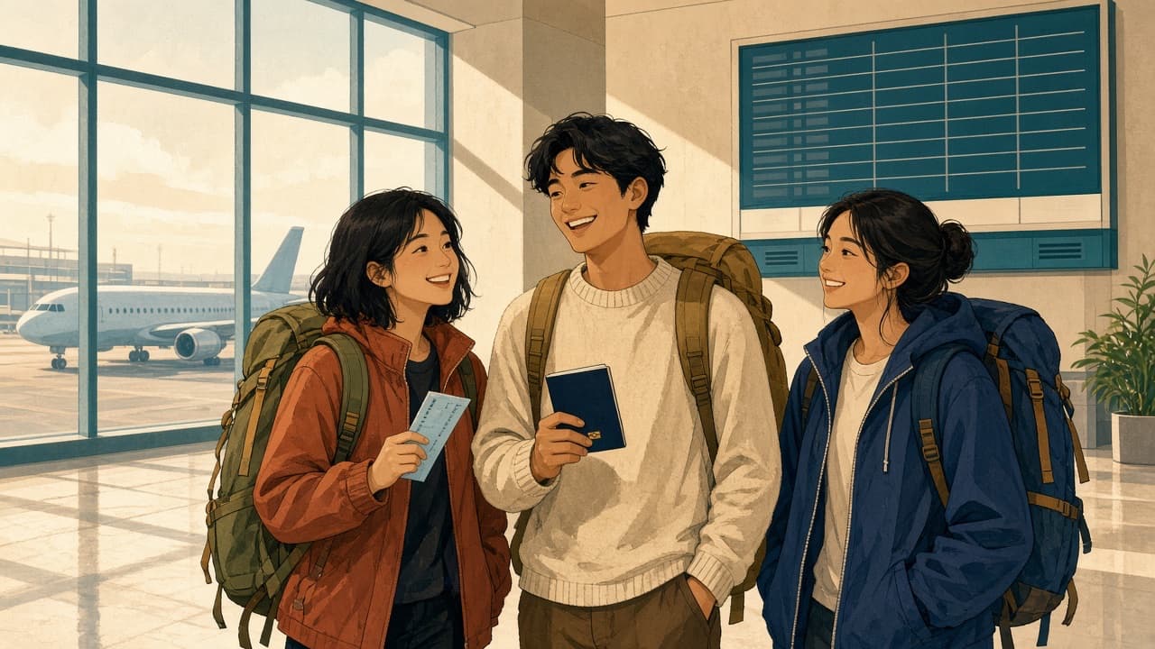 Cartoon illustration of three smiling dark-haired backpackers at an airport departures hall, ready to travel