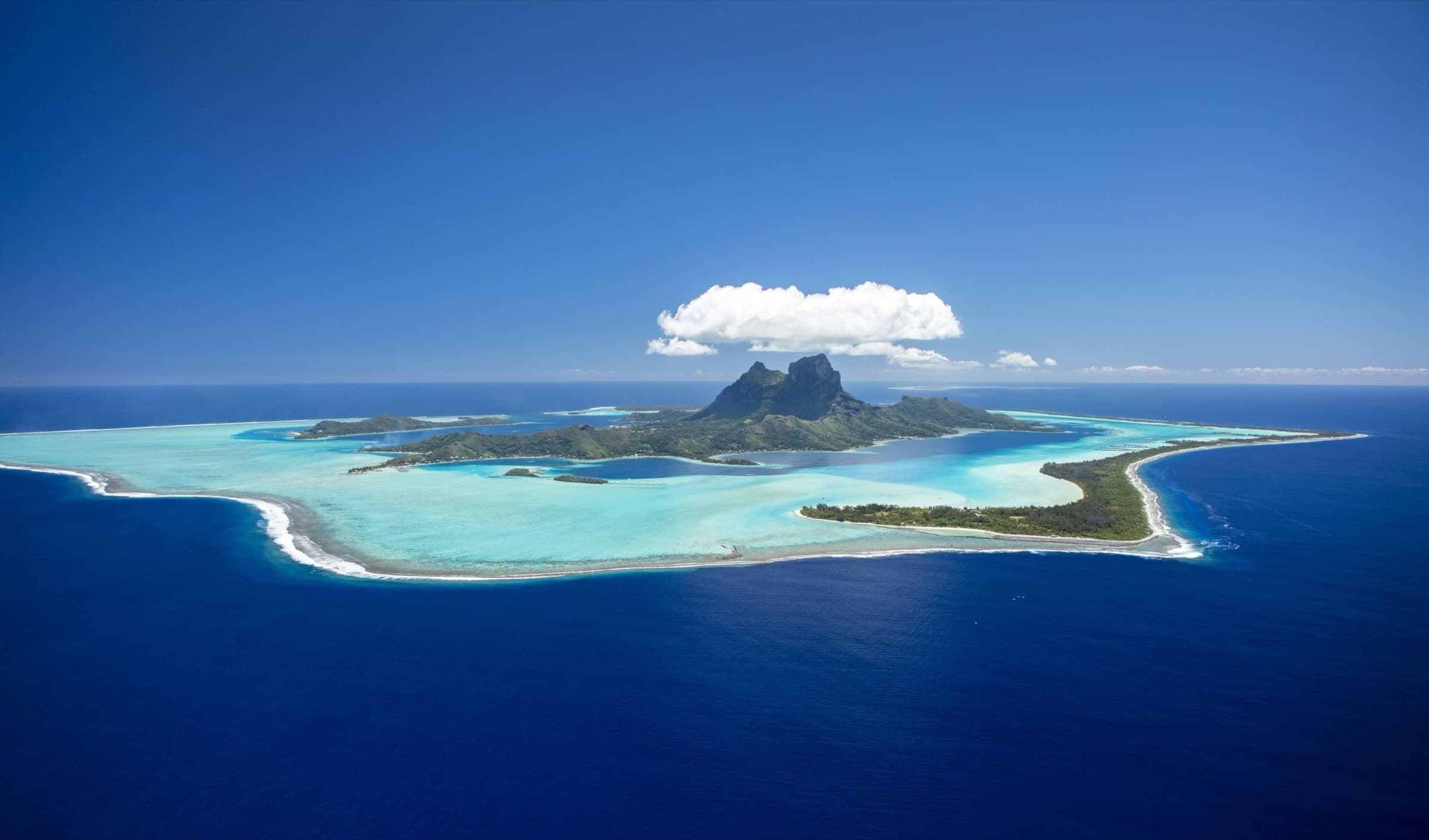Aerial view of Bora Bora lagoon and Mount Otemanu