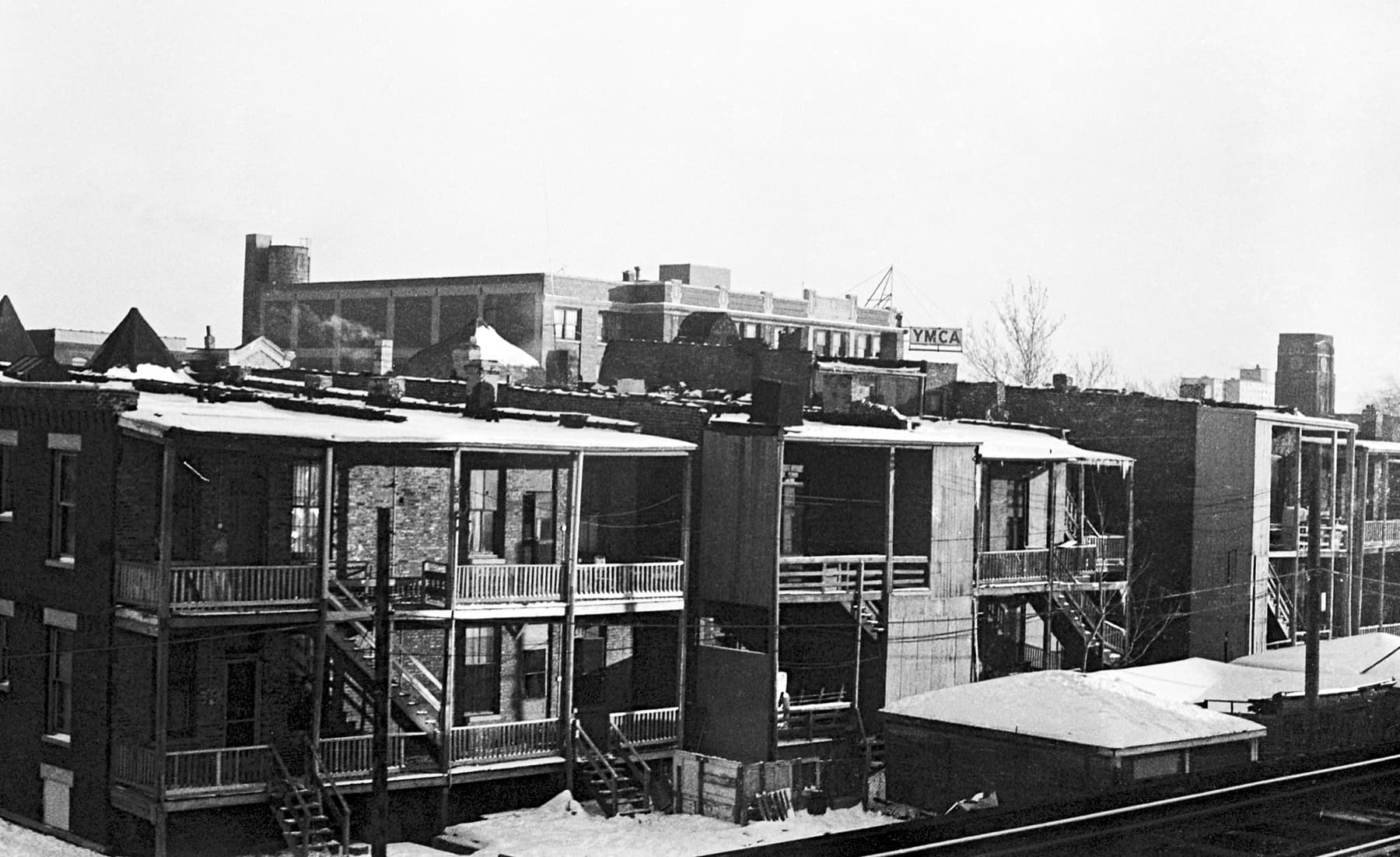 Historic YMCA building seen from the elevated train in Bronzeville, Chicago