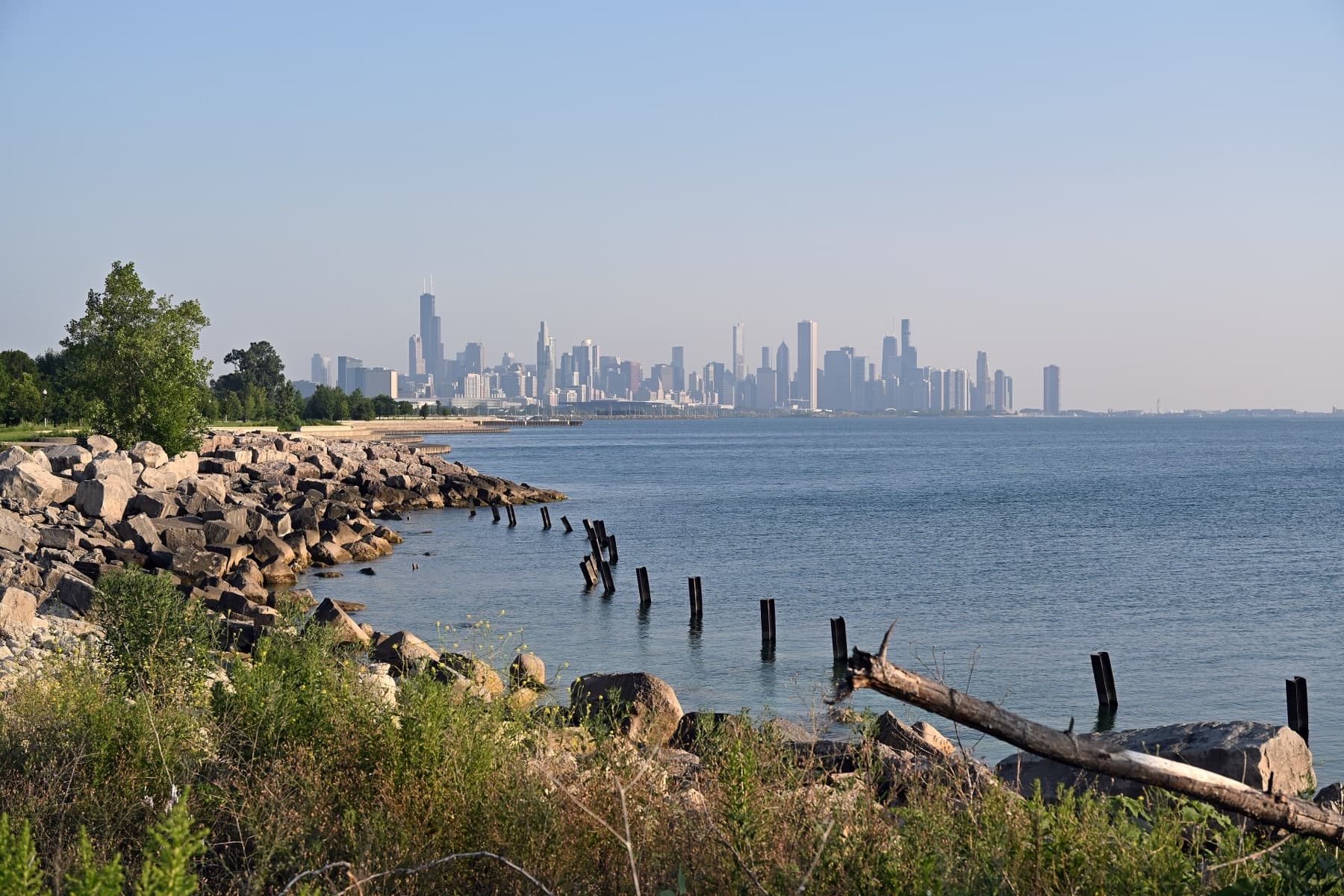 Chicago downtown skyline on a clear morning from the Lakefront Trail
