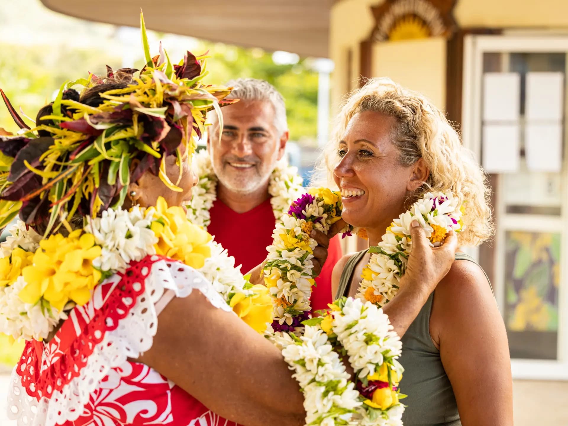 Traditional flower lei welcome in the Austral Islands, French Polynesia