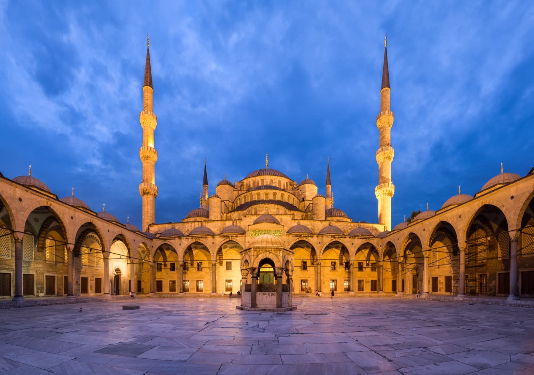Courtyard of the Blue Mosque in Sultanahmet at dusk