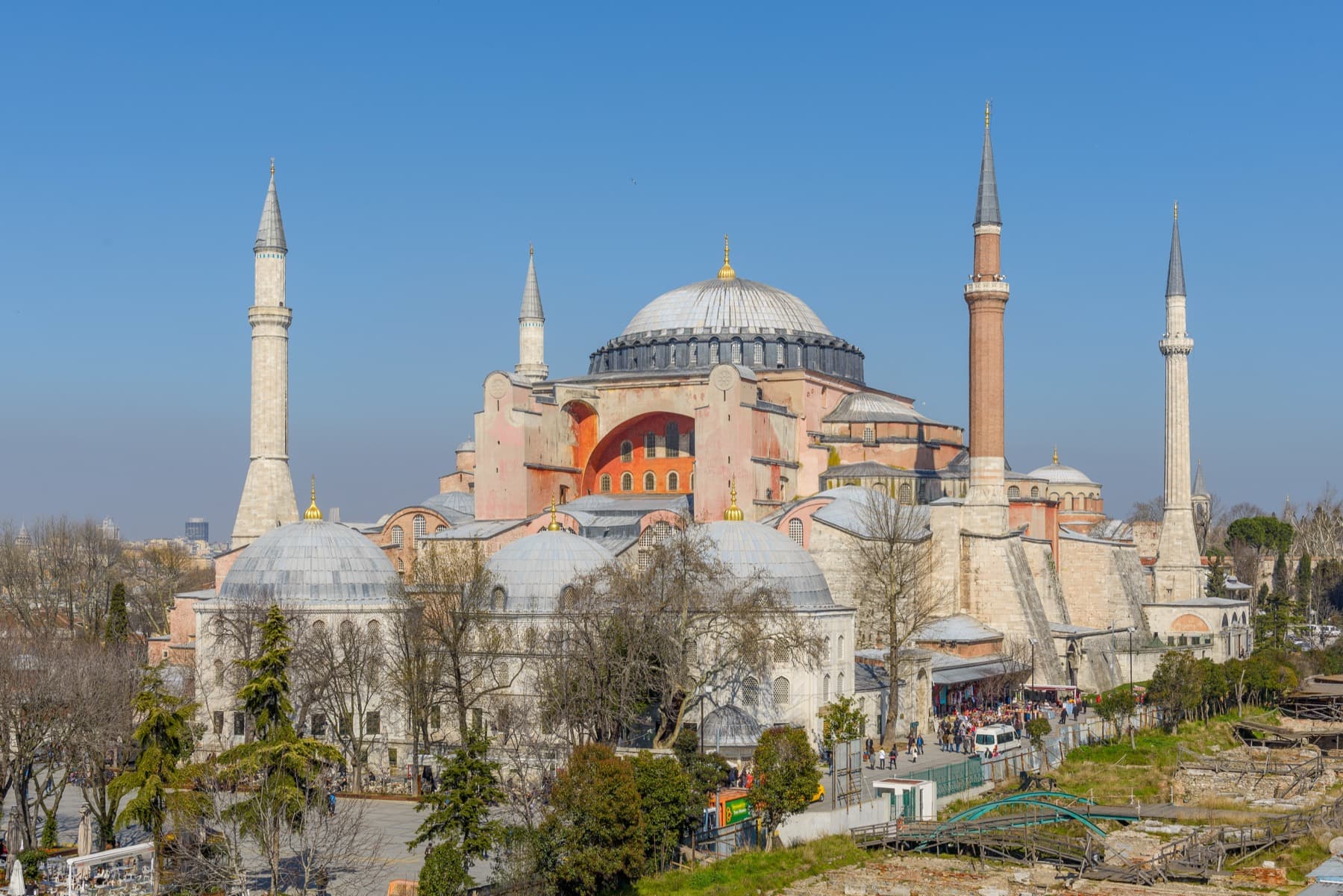 Exterior of Hagia Sophia in Istanbul under a clear sky