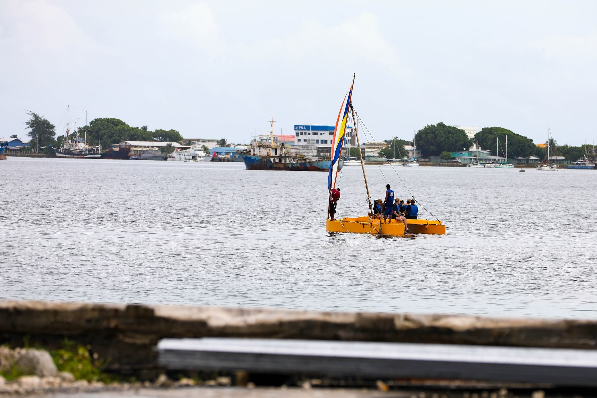 Marshallese wallop outrigger canoe in Majuro harbor