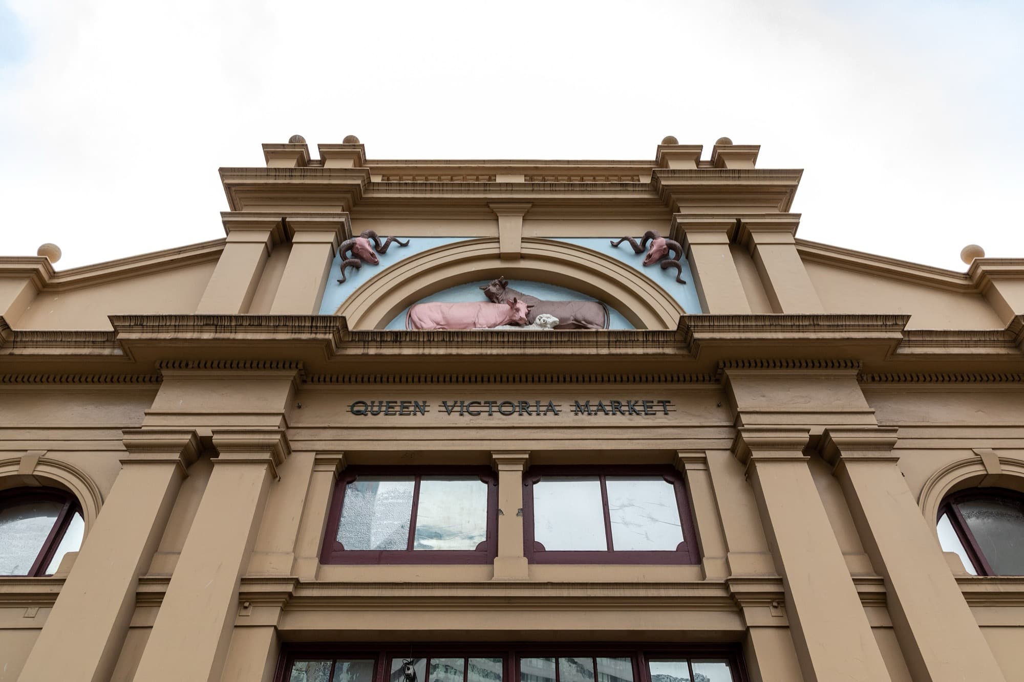 Historic Queen Victoria Market Meat Hall facade on Elizabeth Street in Melbourne