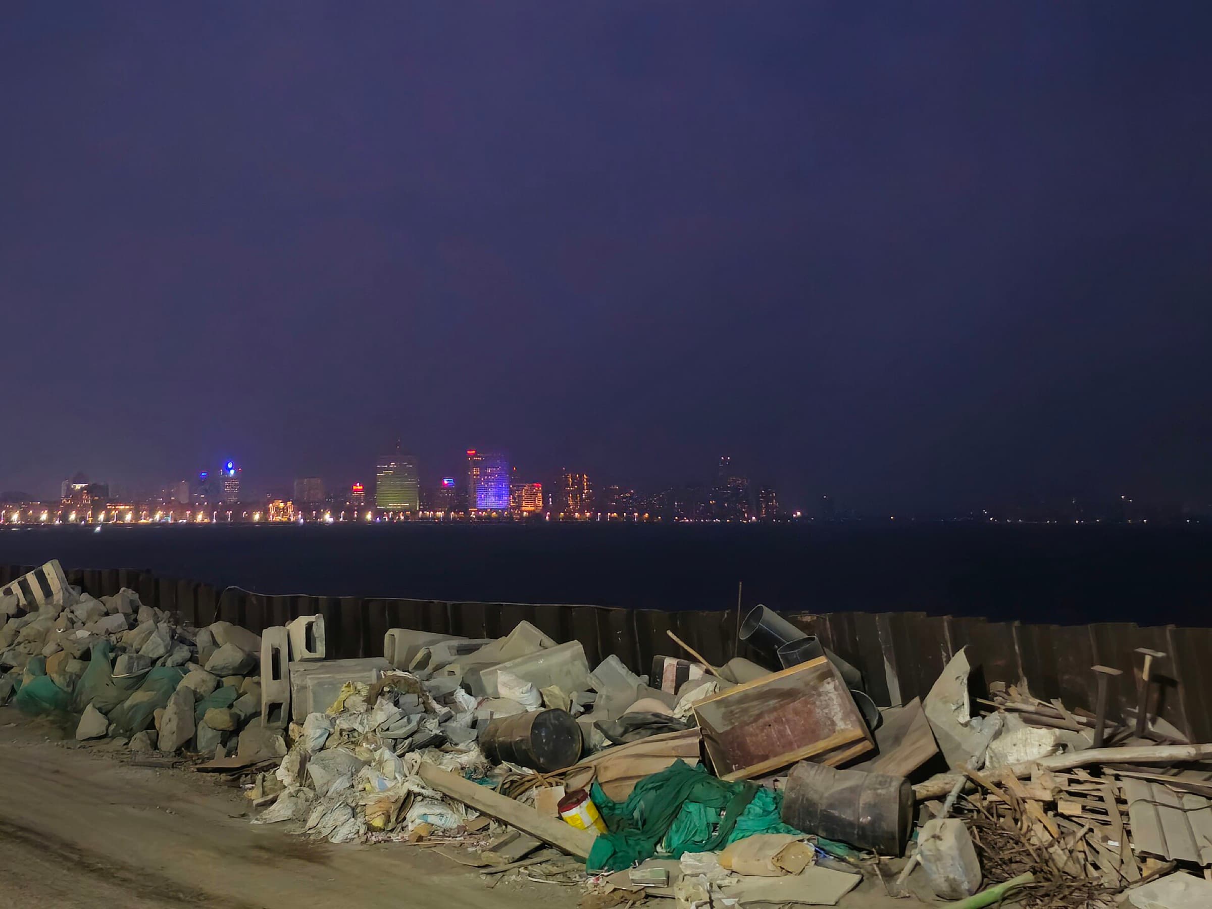 Curving Marine Drive shoreline and skyline in Mumbai