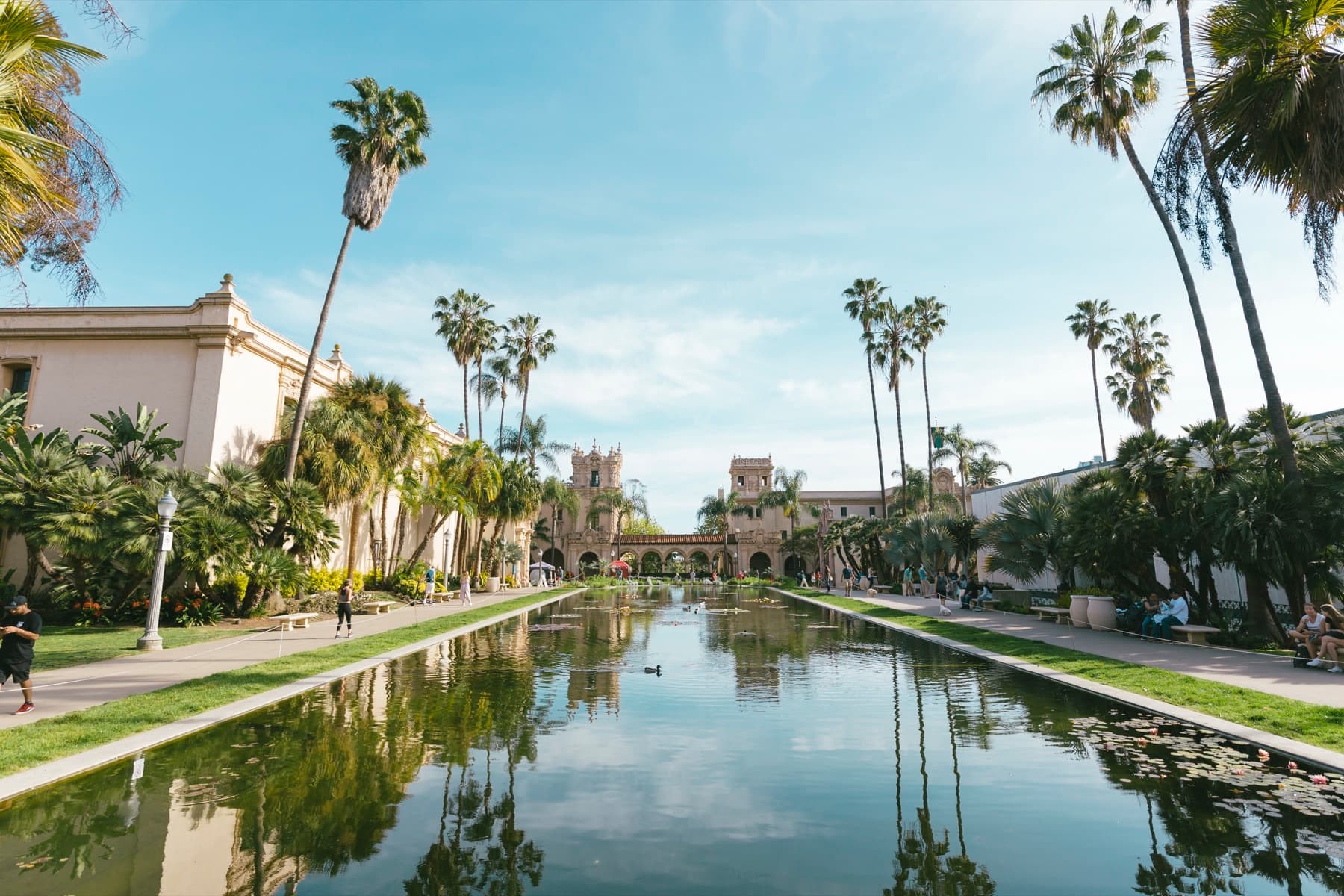 Lily Pond reflecting Spanish Colonial Revival buildings in Balboa Park, San Diego