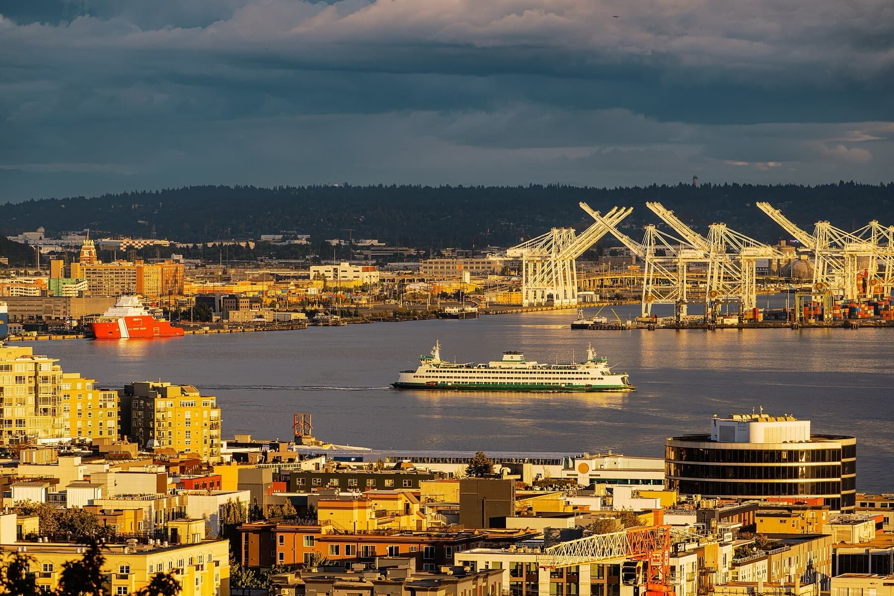 Washington State Ferry crossing Elliott Bay with Port of Seattle cranes, from Kerry Park